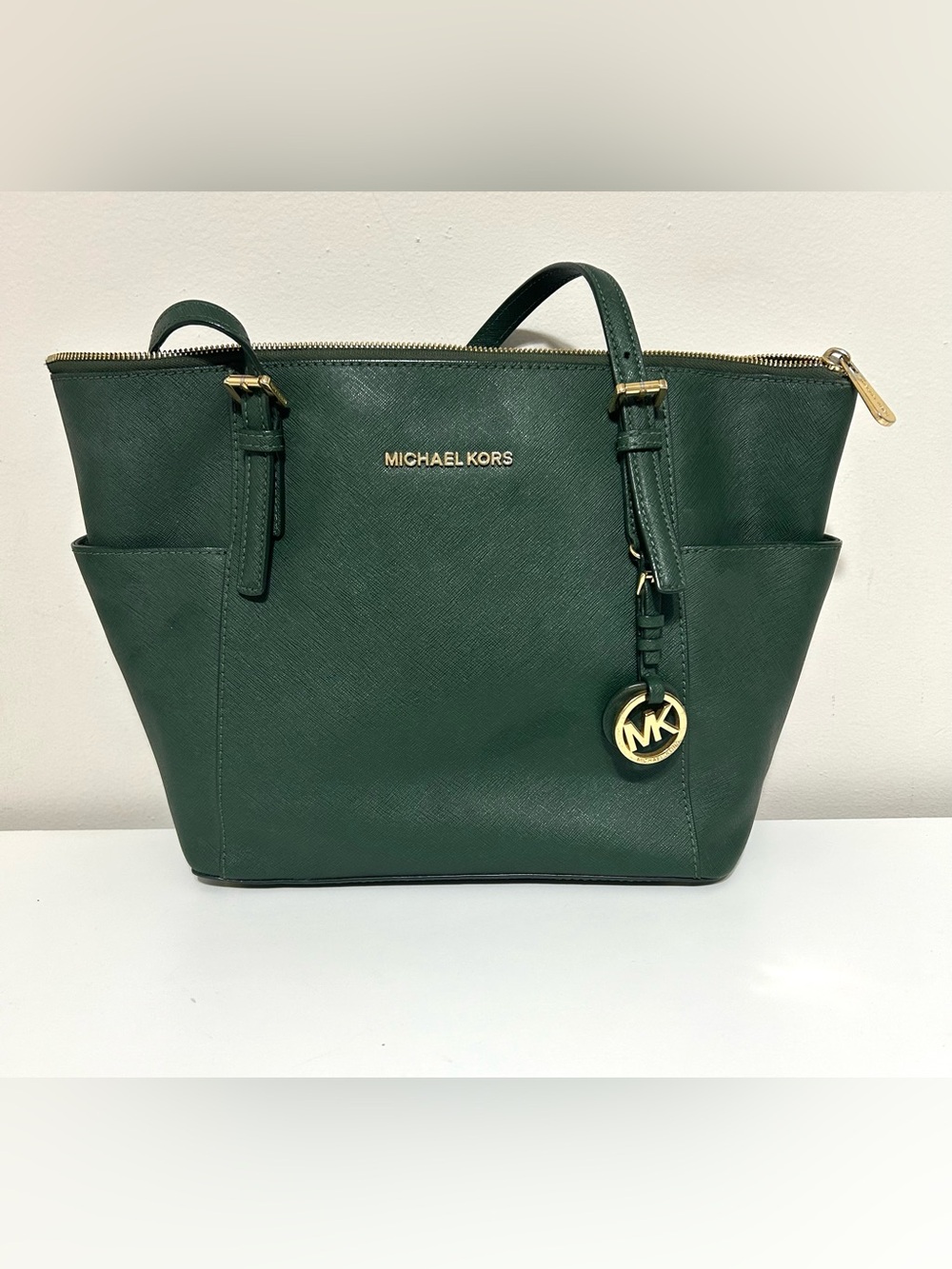 Michael Kors Charlotte Large Saffiano Leather Top-Zip Tote, Green